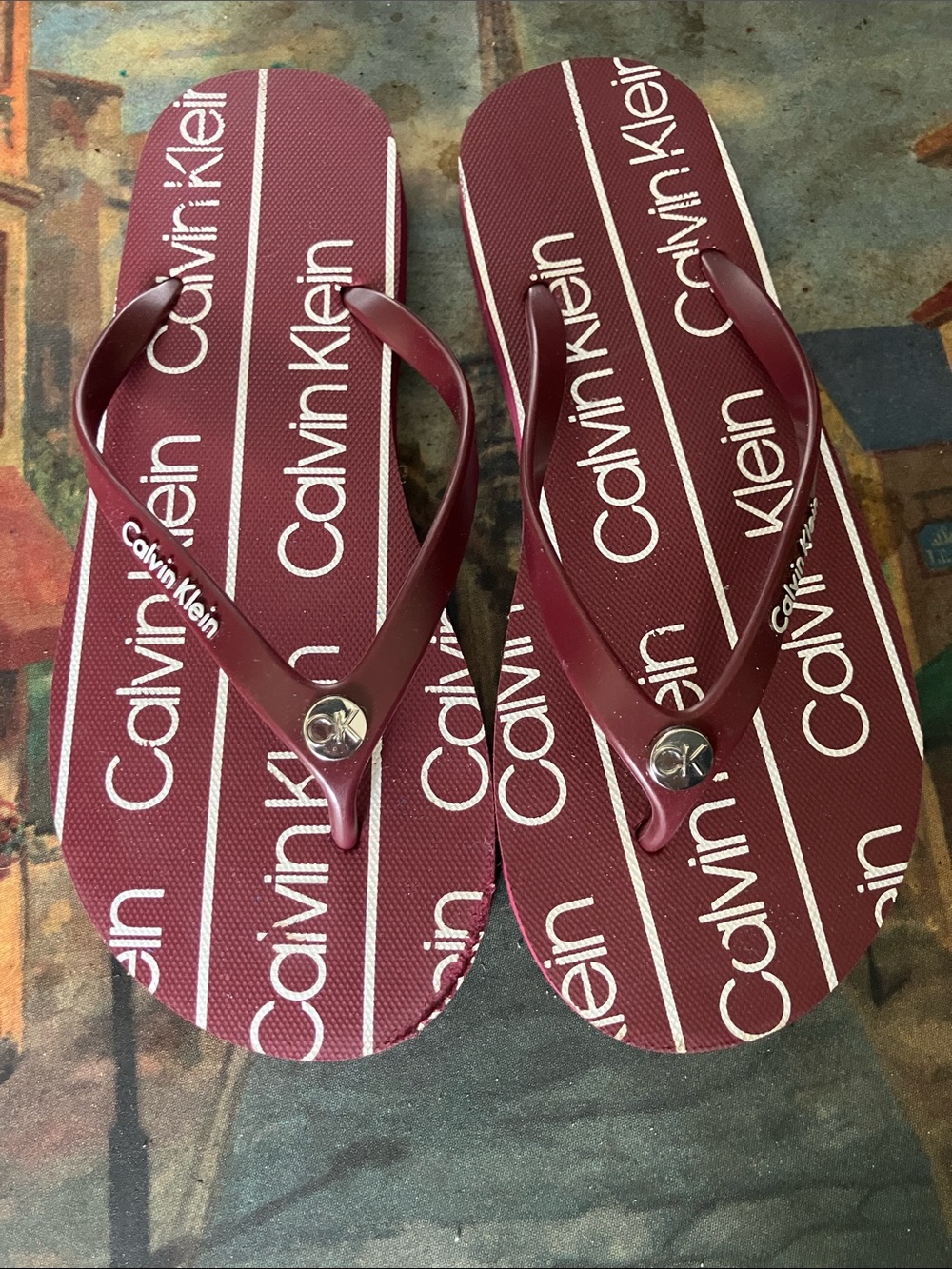 Calvin Klein Burgundy Repeat-Logo Flip Flops